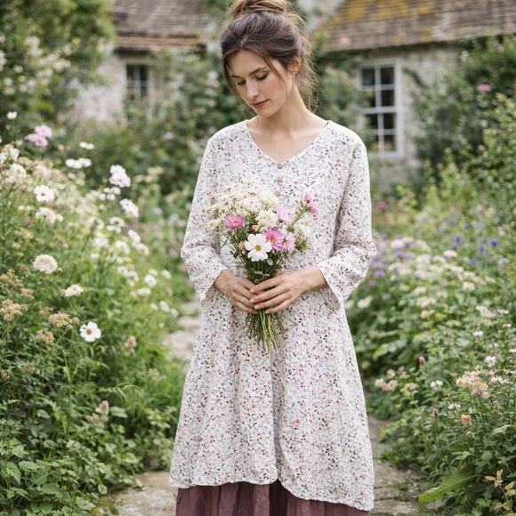 Dresses & Skirts - April Cornell Style Cottagecore Floral Tunic White 100% Cotton Plum Lining Med.